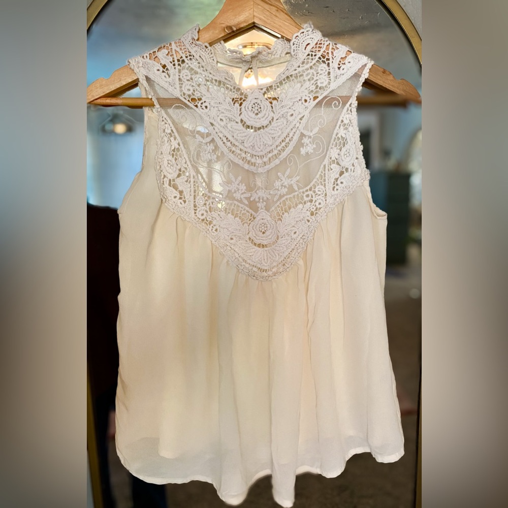 Boho Ivory Lace High Neck Sleeveless Blouse Chiffon Flowy Tank Top Size M